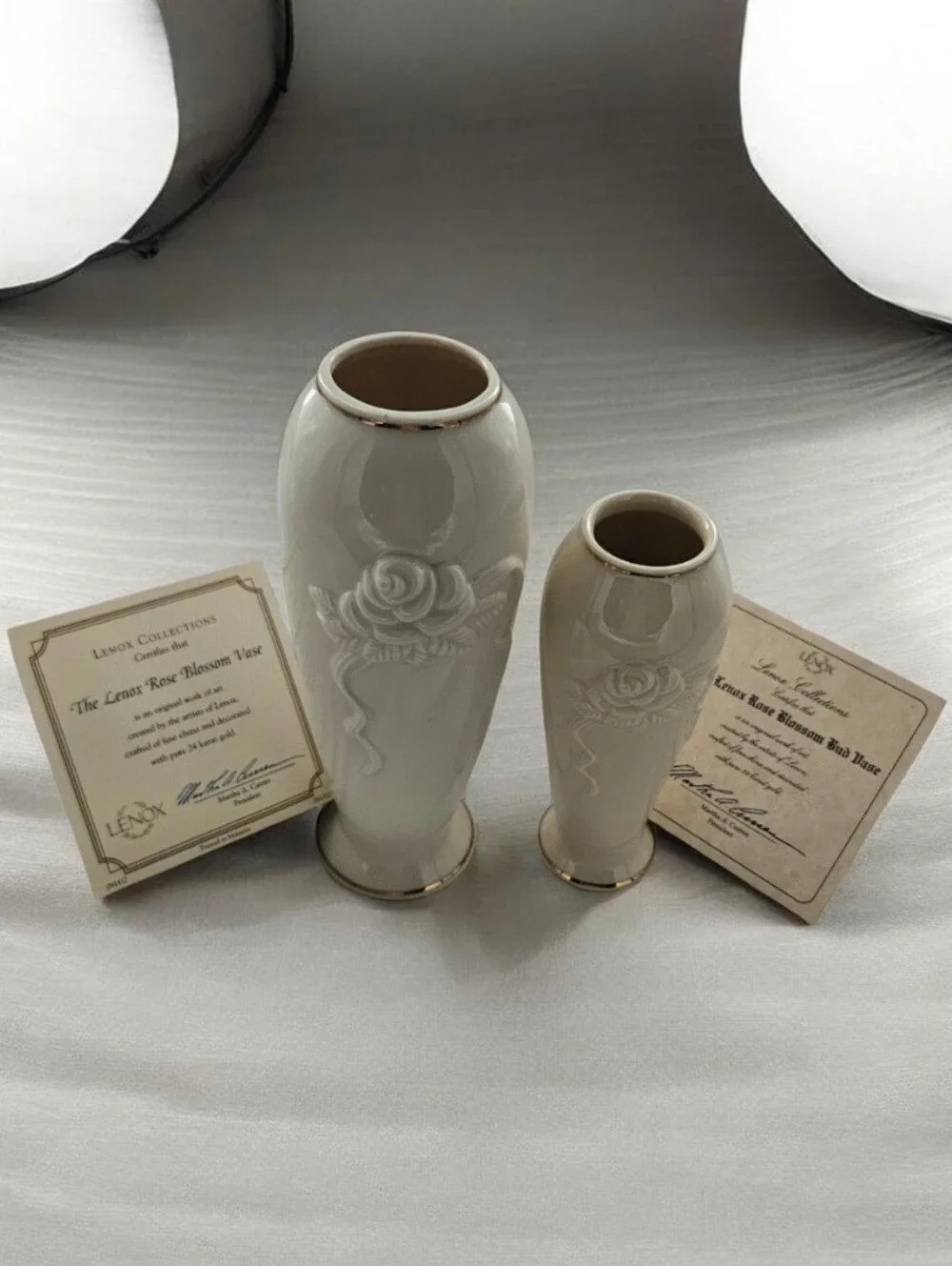 2 Pieces | Lenox Ivory and Gold | Rose Blossom Vases, Certificates, and Boxes
